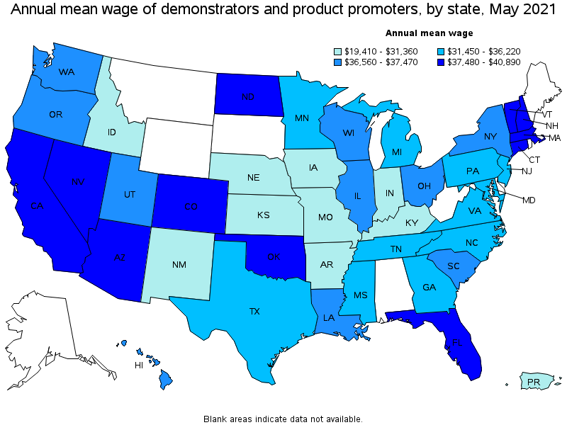 Map of annual mean wages of demonstrators and product promoters by state, May 2021