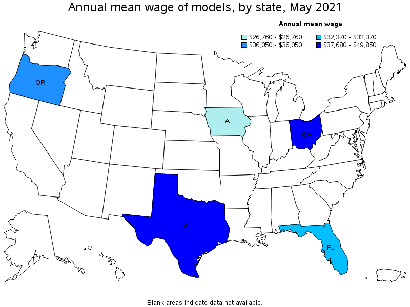 Map of annual mean wages of models by state, May 2021