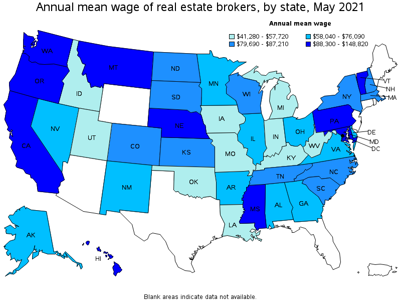 Map of annual mean wages of real estate brokers by state, May 2021