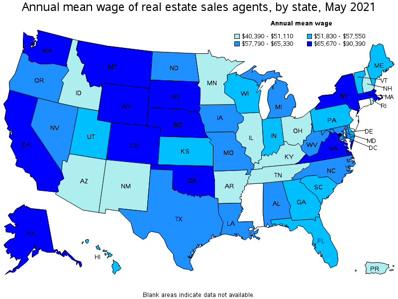 Map of annual mean wages of real estate sales agents by state, May 2021