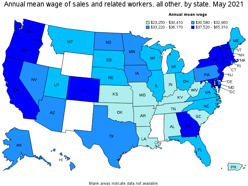 Map of annual mean wages of sales and related workers, all other by state, May 2021