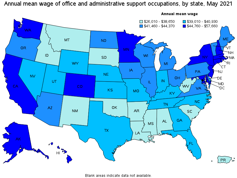 Map of annual mean wages of office and administrative support occupations by state, May 2021