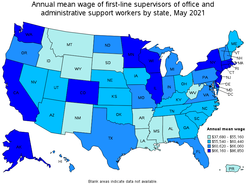 Map of annual mean wages of first-line supervisors of office and administrative support workers by state, May 2021
