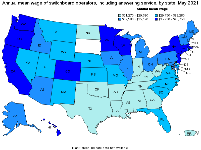 Map of annual mean wages of switchboard operators, including answering service by state, May 2021