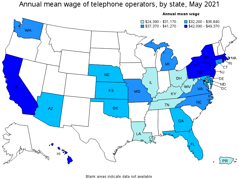 Map of annual mean wages of telephone operators by state, May 2021