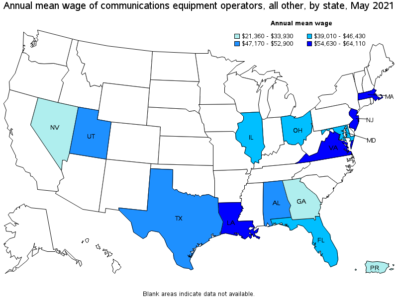 Map of annual mean wages of communications equipment operators, all other by state, May 2021