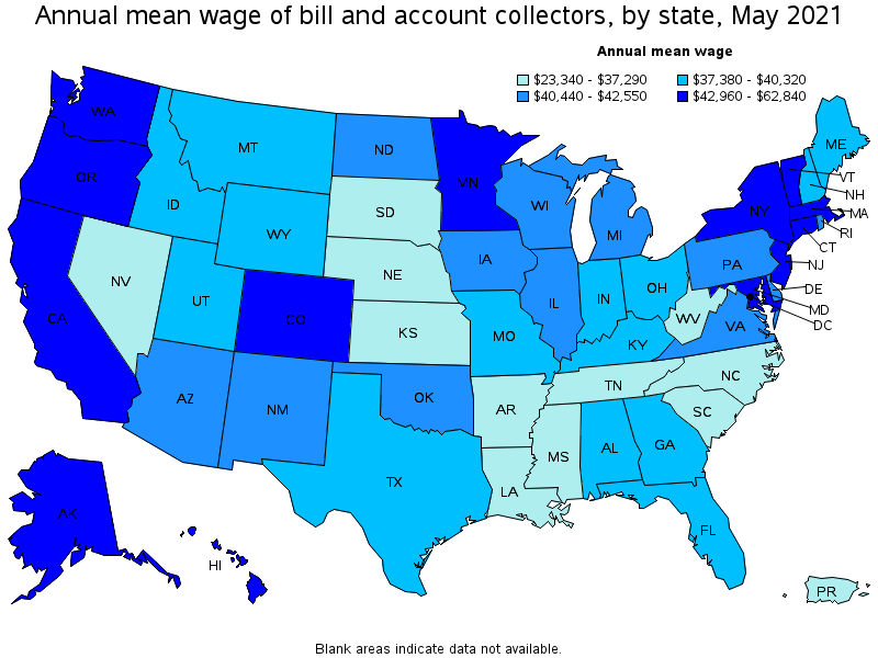 Map of annual mean wages of bill and account collectors by state, May 2021
