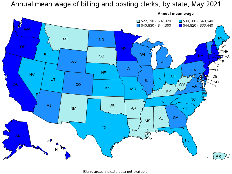 Map of annual mean wages of billing and posting clerks by state, May 2021