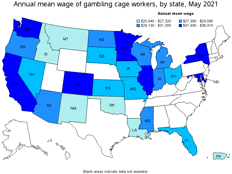 Map of annual mean wages of gambling cage workers by state, May 2021