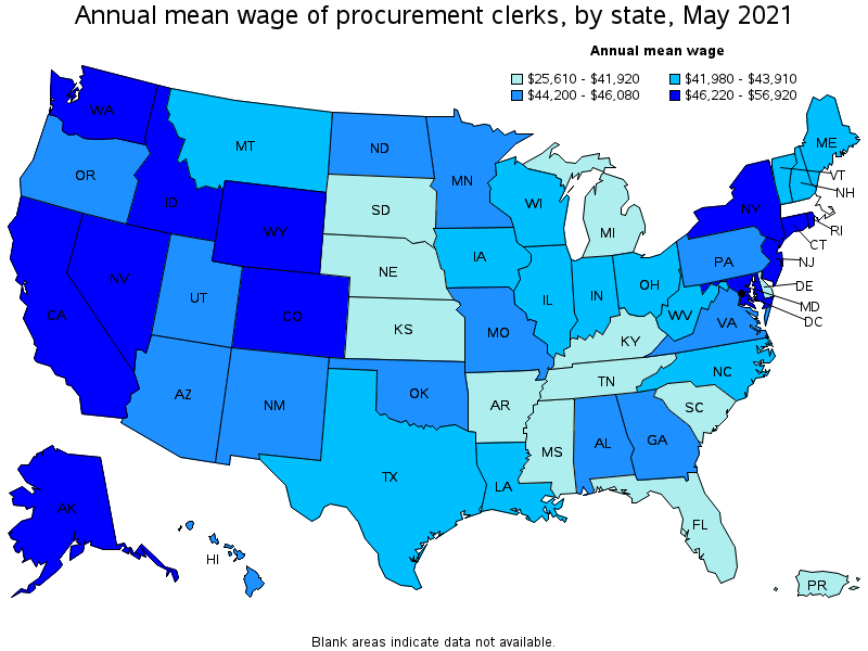 Map of annual mean wages of procurement clerks by state, May 2021