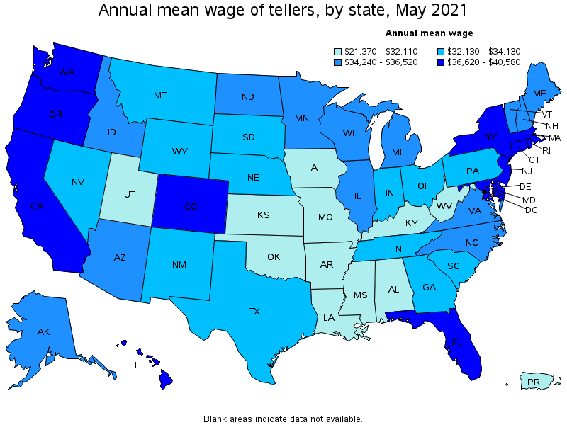 Map of annual mean wages of tellers by state, May 2021