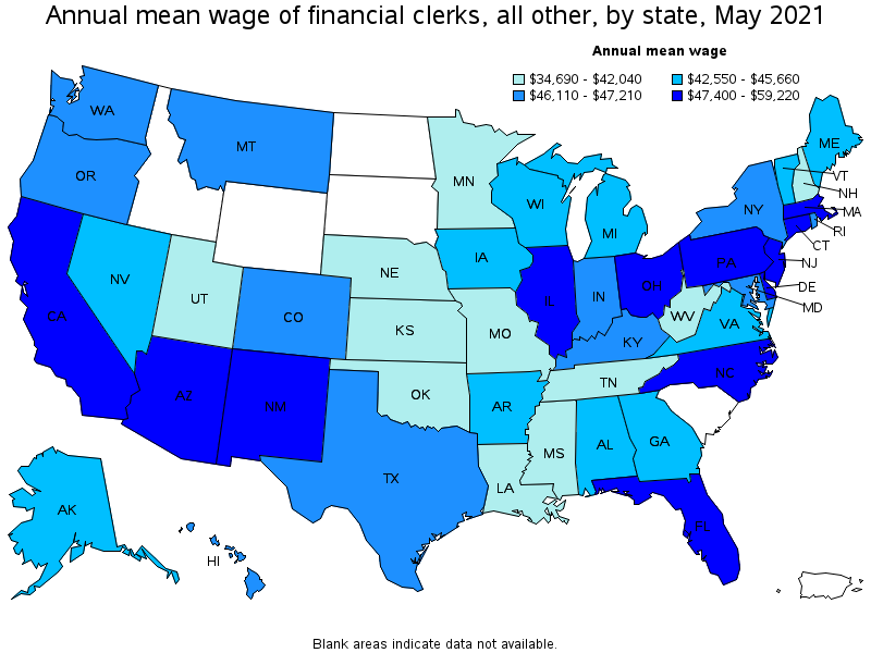 Map of annual mean wages of financial clerks, all other by state, May 2021