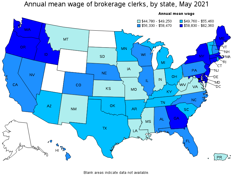 Map of annual mean wages of brokerage clerks by state, May 2021