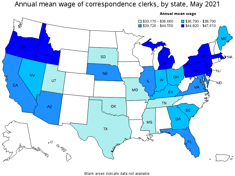 Map of annual mean wages of correspondence clerks by state, May 2021