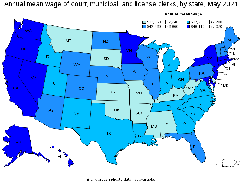Map of annual mean wages of court, municipal, and license clerks by state, May 2021