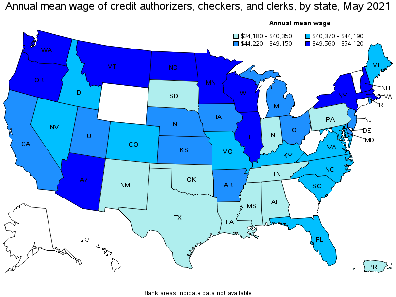 Map of annual mean wages of credit authorizers, checkers, and clerks by state, May 2021
