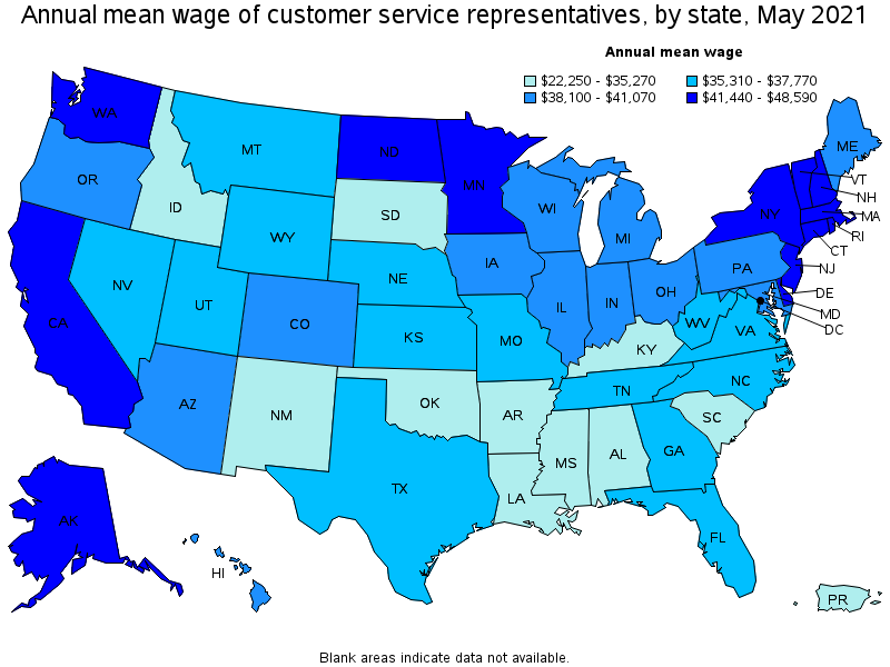 Map of annual mean wages of customer service representatives by state, May 2021