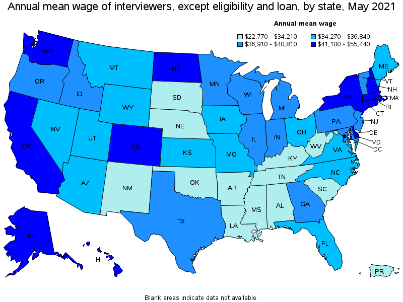 Map of annual mean wages of interviewers, except eligibility and loan by state, May 2021