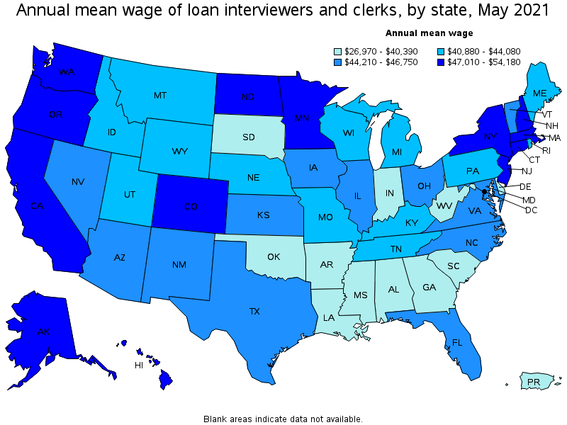 Map of annual mean wages of loan interviewers and clerks by state, May 2021