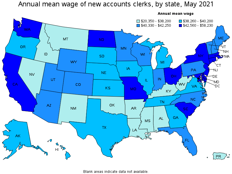 Map of annual mean wages of new accounts clerks by state, May 2021