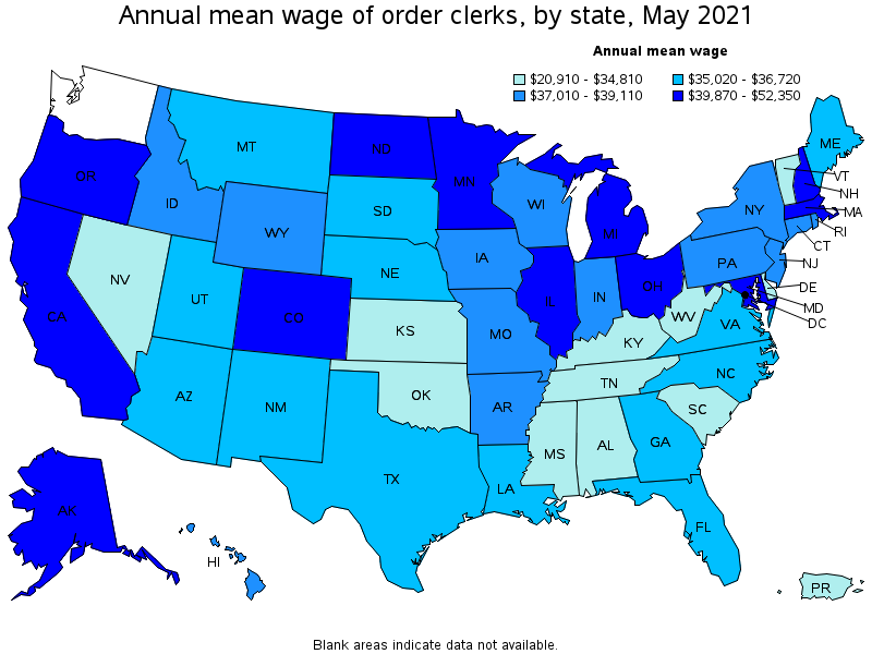 Map of annual mean wages of order clerks by state, May 2021