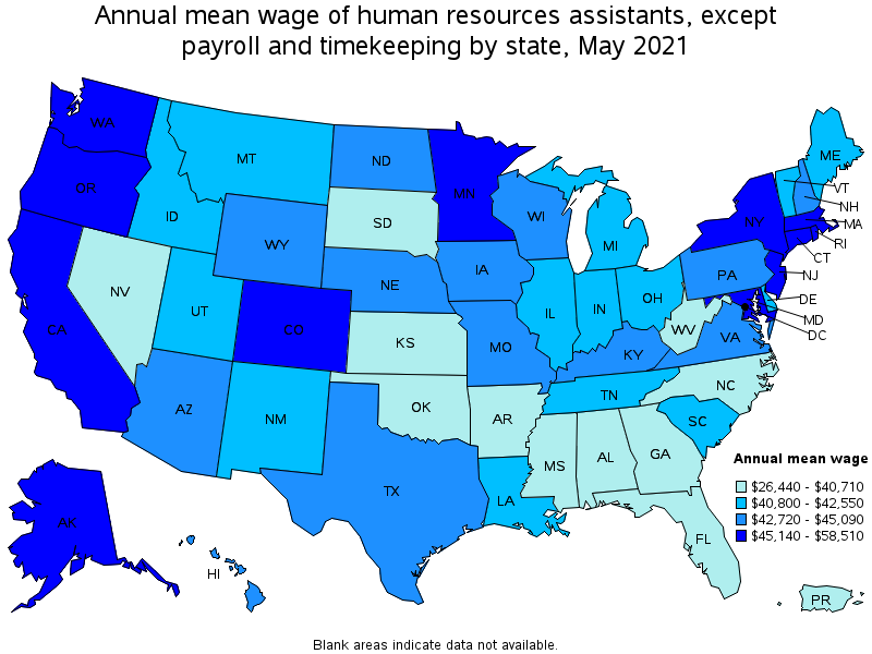 Map of annual mean wages of human resources assistants, except payroll and timekeeping by state, May 2021