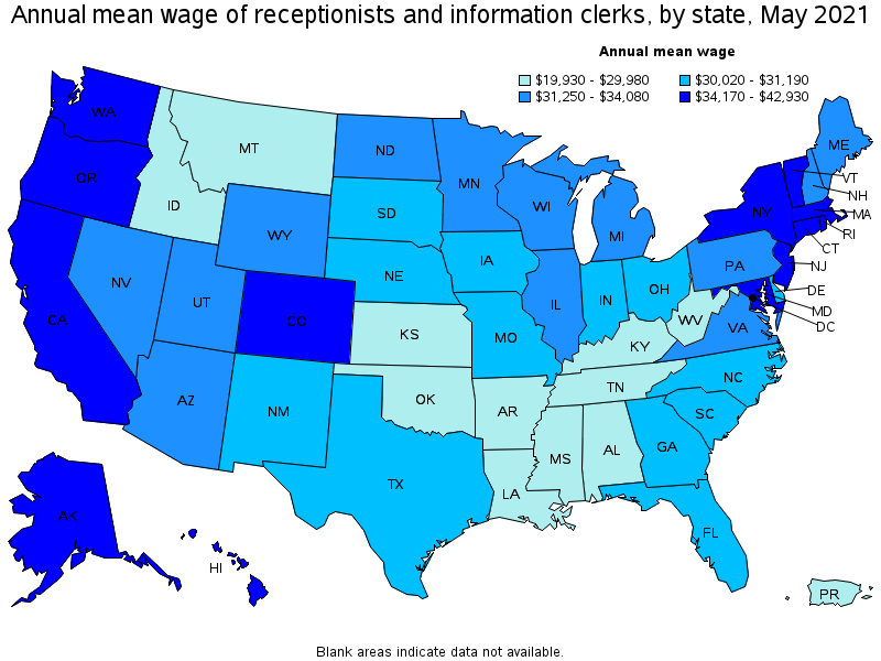 Map of annual mean wages of receptionists and information clerks by state, May 2021
