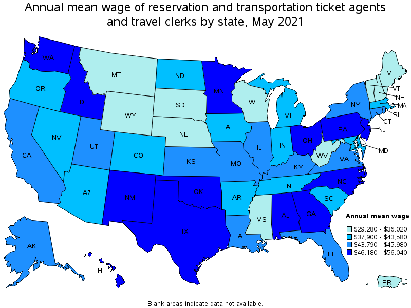 Map of annual mean wages of reservation and transportation ticket agents and travel clerks by state, May 2021