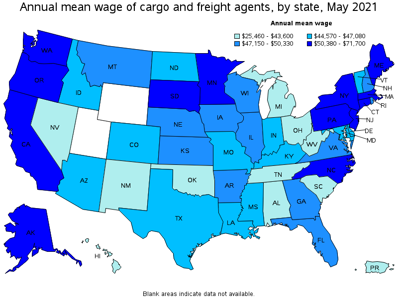 Map of annual mean wages of cargo and freight agents by state, May 2021