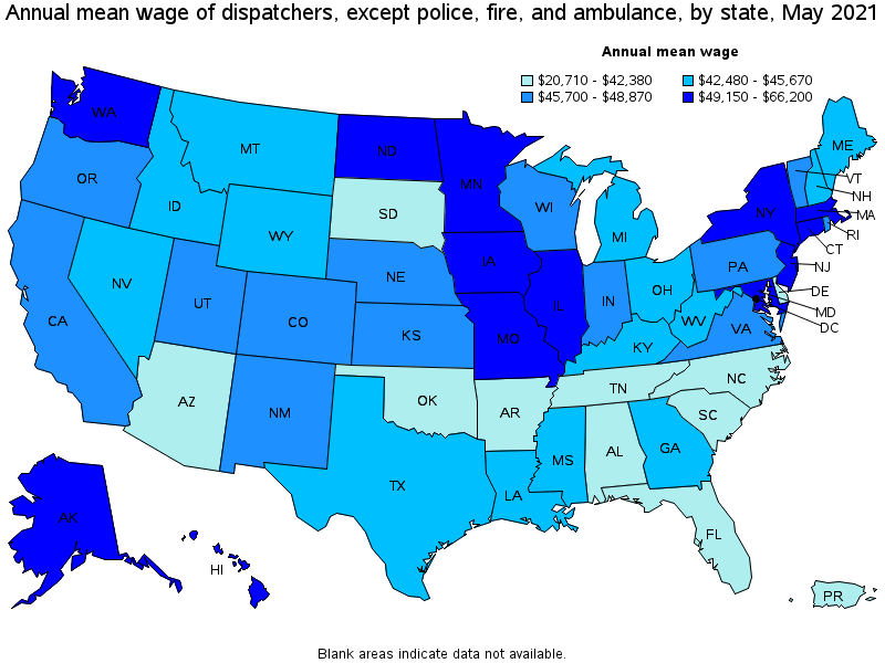 Map of annual mean wages of dispatchers, except police, fire, and ambulance by state, May 2021