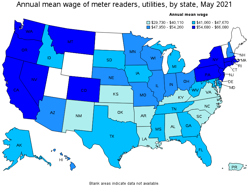 Map of annual mean wages of meter readers, utilities by state, May 2021