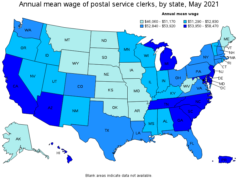 Map of annual mean wages of postal service clerks by state, May 2021