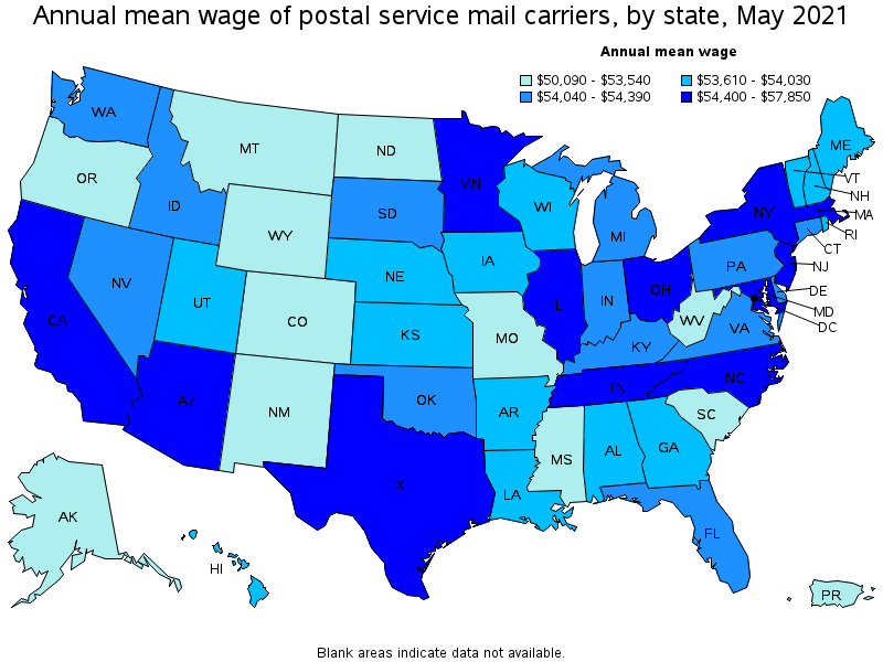 Map of annual mean wages of postal service mail carriers by state, May 2021