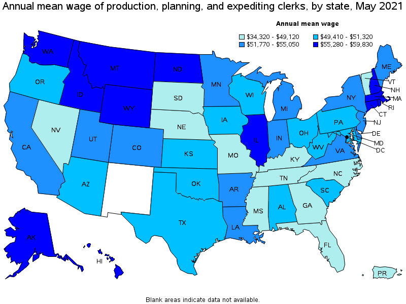 Map of annual mean wages of production, planning, and expediting clerks by state, May 2021