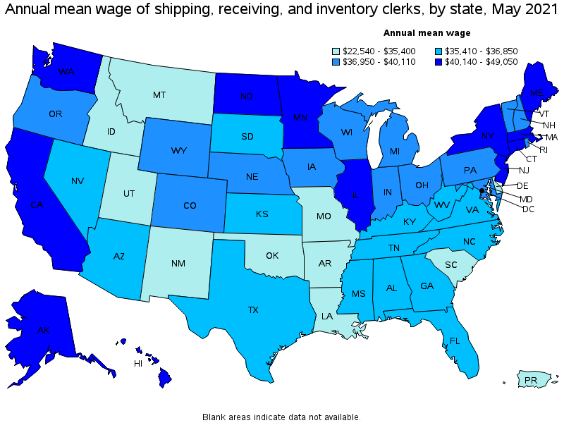 Map of annual mean wages of shipping, receiving, and inventory clerks by state, May 2021