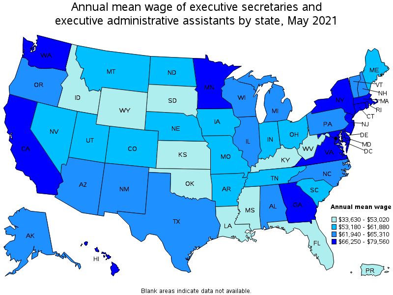 Map of annual mean wages of executive secretaries and executive administrative assistants by state, May 2021