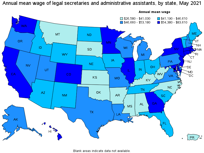Map of annual mean wages of legal secretaries and administrative assistants by state, May 2021