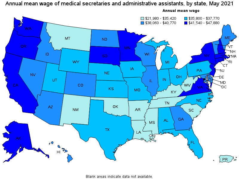 Map of annual mean wages of medical secretaries and administrative assistants by state, May 2021