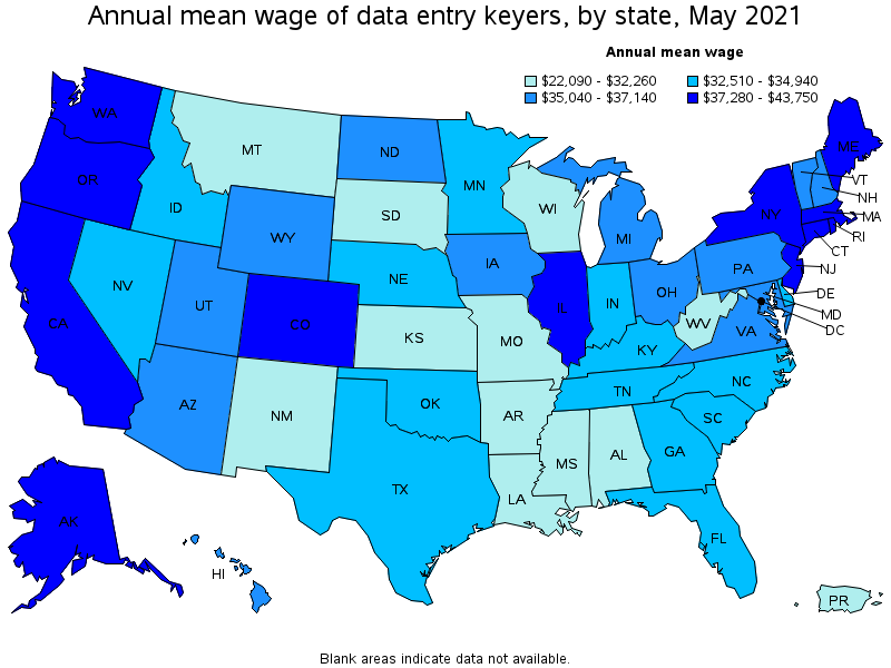 Map of annual mean wages of data entry keyers by state, May 2021