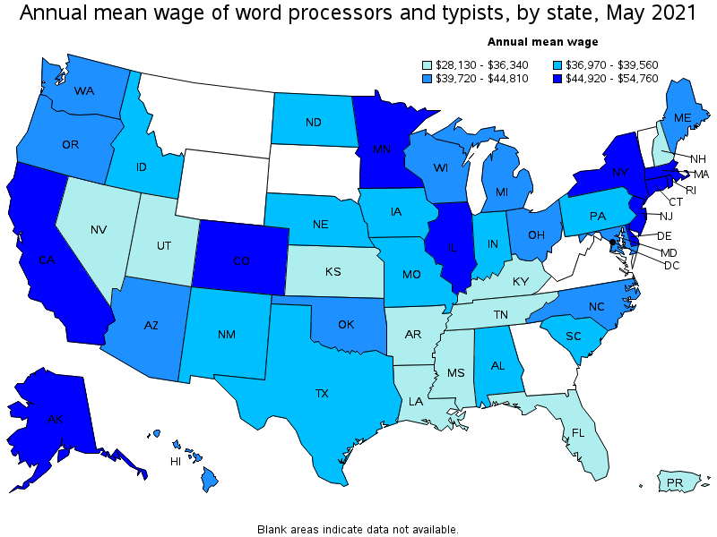 Map of annual mean wages of word processors and typists by state, May 2021
