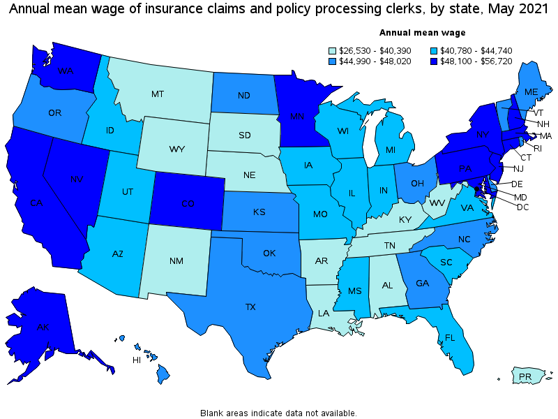 Map of annual mean wages of insurance claims and policy processing clerks by state, May 2021