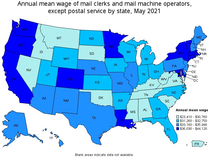 Map of annual mean wages of mail clerks and mail machine operators, except postal service by state, May 2021