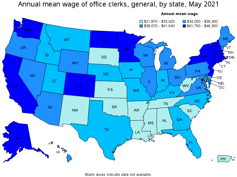 Map of annual mean wages of office clerks, general by state, May 2021