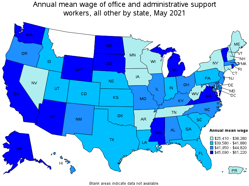 Map of annual mean wages of office and administrative support workers, all other by state, May 2021