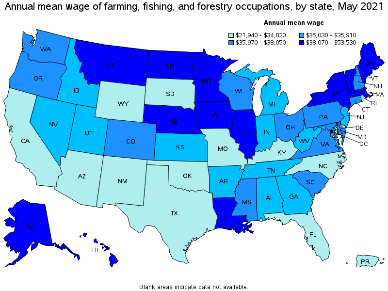 Map of annual mean wages of farming, fishing, and forestry occupations by state, May 2021