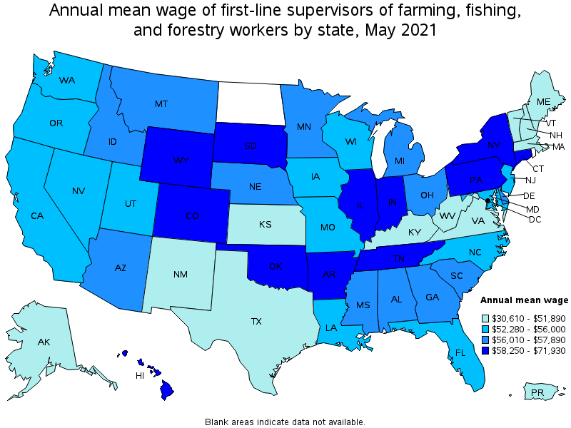 Map of annual mean wages of first-line supervisors of farming, fishing, and forestry workers by state, May 2021