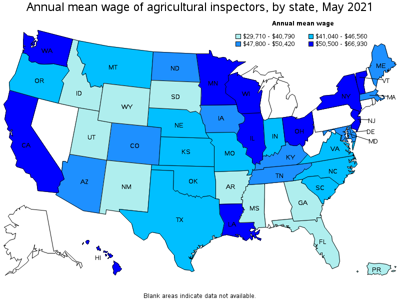 Map of annual mean wages of agricultural inspectors by state, May 2021