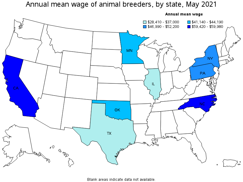 Map of annual mean wages of animal breeders by state, May 2021
