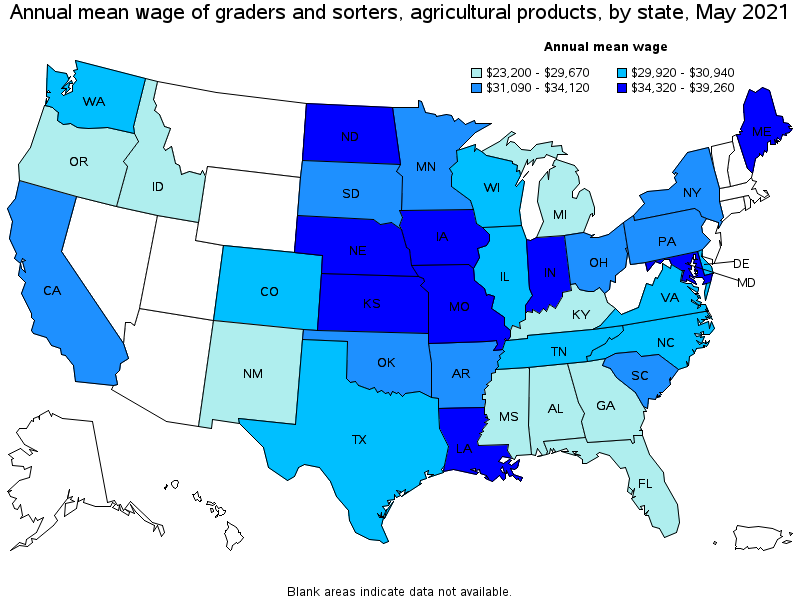 Map of annual mean wages of graders and sorters, agricultural products by state, May 2021