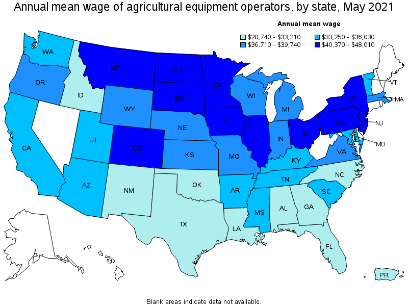 Map of annual mean wages of agricultural equipment operators by state, May 2021